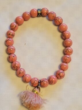 Chavez for Charity Pink Coral Beaded 6.5" Stretch Bracelet w Pink Tassel Charm